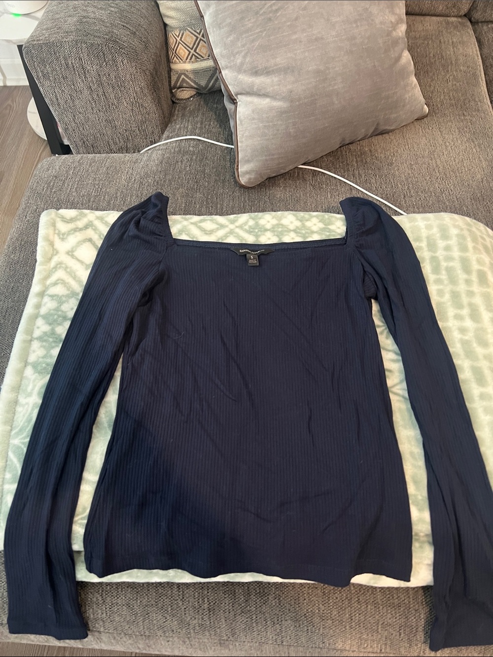Banana Republic Navy Ribbed Square Neck Long-Sleeve Top
